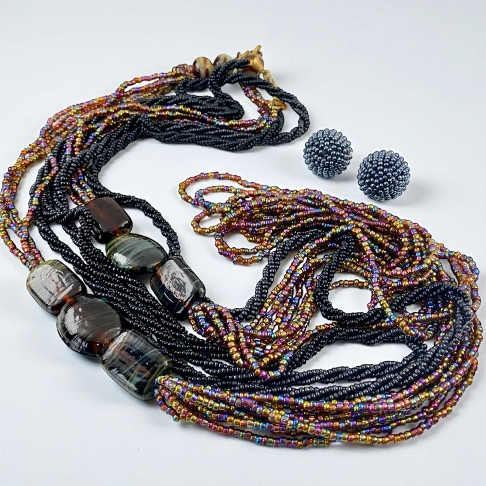 Vintage Peacock Carnival Glass Black Seed Bead Necklace Lot Clip on Earrings. - Picture 3 of 6